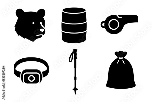 Outdoor adventure icons: bear, barrel, whistle, headlamp, walking stick, sack.