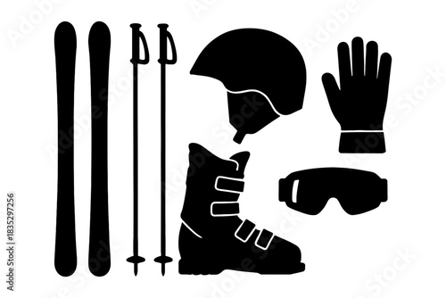 Ski equipment silhouettes: skis, helmet, boots, goggles, poles, gloves.