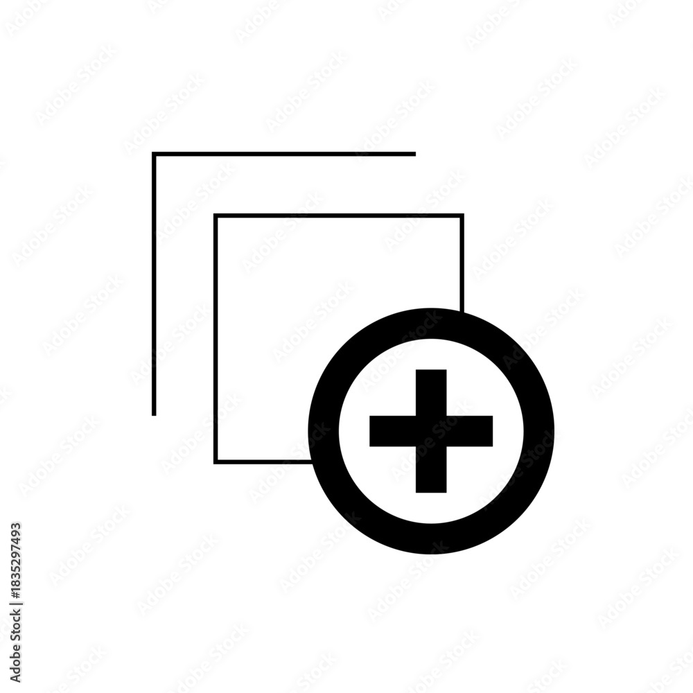 Fototapeta premium Two overlapping square outlines with a bold plus sign inside a circle on the lower right side