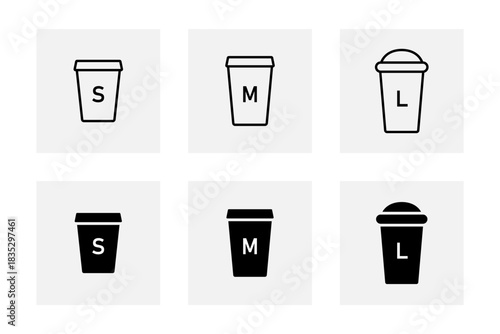 Coffee size icon set. Small, medium and large beverage containers with simple lids vector illustration. Cafe drink size markers for menus sign. Hot takeaway options symbol. Minimal ordering concept.