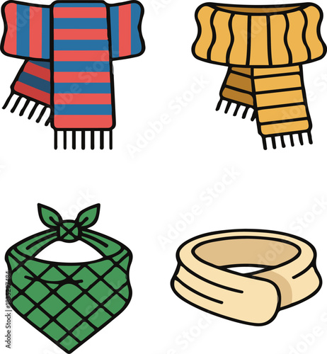 A set of four vector illustrations featuring various neckwear accessories: a red and blue striped scarf with fringe, a yellow ribbed knit scarf, a green checkered bandana tied in a knot, and a plain b