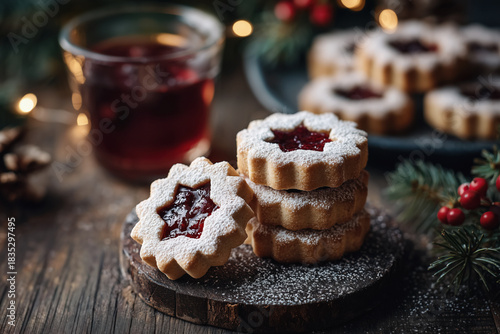 Linzer cookies on a rustic table