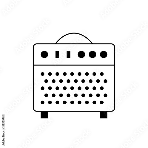 Illustration of a black and white amplifier with a handle and speaker holes in a simple design