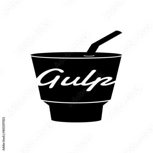 Illustration of a black gulp cup with a straw and the word gulp written on the side in white font