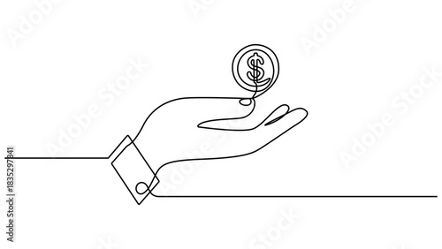 Hand holding coin continuous one line drawing art. Dollar linear symbol. Savings money concept. Continuous one line drawing of dollar coin. Vector isolated on white. Editable outline 