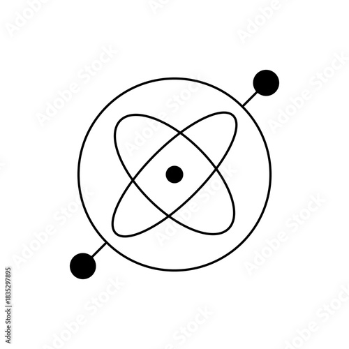 Illustration of an atom with a central nucleus, orbiting electrons, and a circular containment field