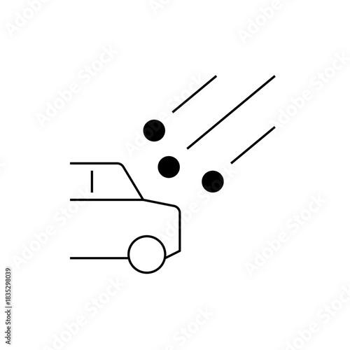 Outline drawing of a car being hit by hail with three hail streaks and three hail stones falling down