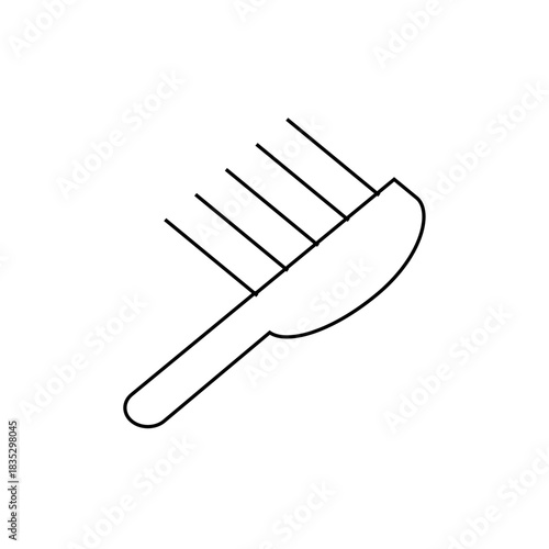 Illustration of a simple line drawing of a hairbrush with a handle and bristles pointing upwards showing detail, 95 chars