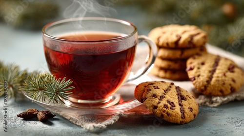 Fototapeta Naklejka Na Ścianę i Meble -  Holiday spiced tea and cookies arranged neatly on pale sage surface, lower copy space