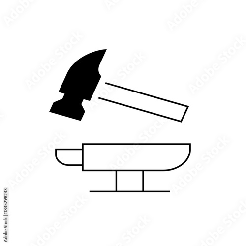 Illustration of a hammer poised above an anvil, rendered in a minimalist black and white outline style