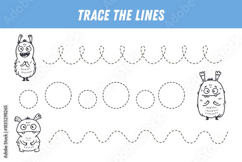 Tracing lines for kids. Cute cartoon monsters. Handwriting practice. Educational game for preschool kids. Activity page. Vector
