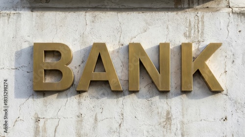 Golden Metallic Letters Spelling Bank on a Textured Concrete Wall