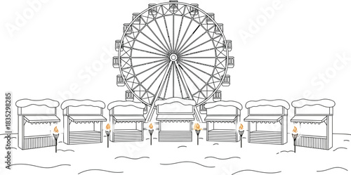 Winter market with stalls and ferris wheel in black and white illustration