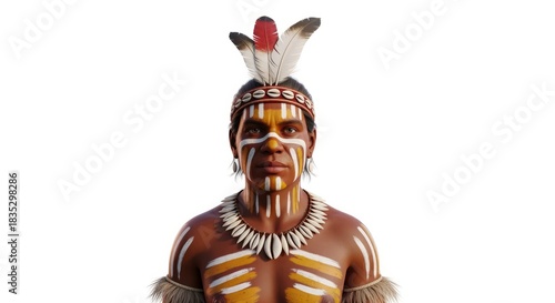 Indigenous Person With Traditional Face Paint And Headdress On White Background
