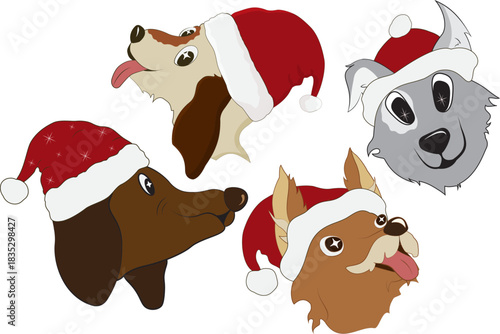 Vector clip art set of four cheerful cartoon Christmas dog portraits wearing Santa hats, featuring different breeds for a diverse set of holiday mascot clip art.