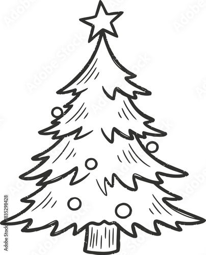 Hand drawn christmas tree with star topper and ornaments illustration