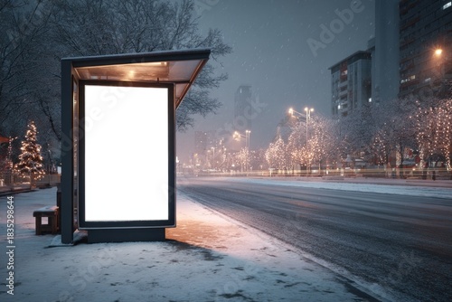 Fototapeta Naklejka Na Ścianę i Meble -  Winter cityscape with illuminated billboard.
