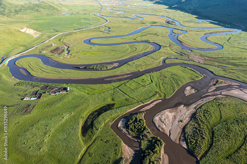 Aerial view of Manzetang Qianwan Wetland in Aba County, Aba Prefecture, Sichuan Province, China