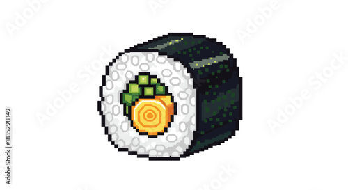 A simple and clean pixel art icon of a single Japanese maki sushi roll with vegetable fillings isolated on a plain white background.