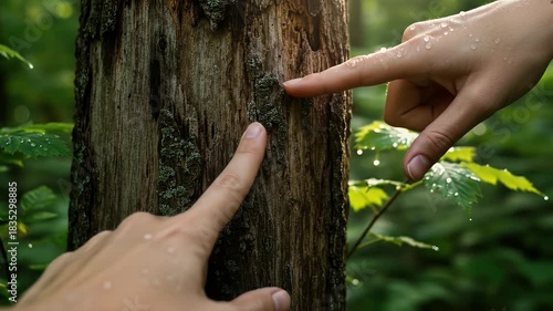 Foresters Hands Touching Mossy Tree Bark In Green Forest Sunlight