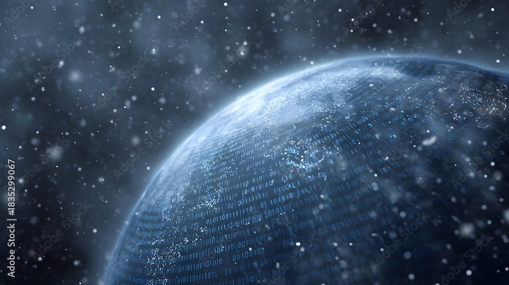 Obraz premium Digital Earth covered in binary code glows in a snowy star filled cosmos