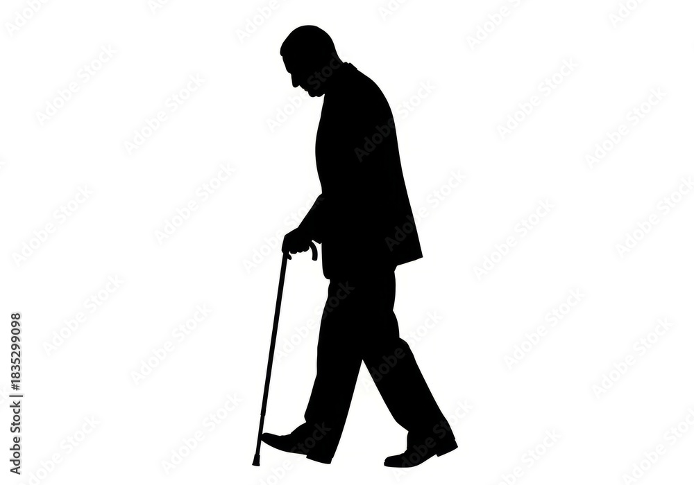 Obraz premium Silhouette Of An Elderly Man Walking With A Cane In A Formal Suit