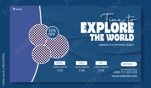 Time to explore the world with an exciting travel offer featuring waterfalls beaches and people enjoying adventures