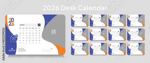 	
Customizable desk calendar 2026 template, corporate desk calendar schedule 2026 monthly 12-page planner layout, editable vector eps 10 file format