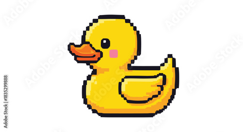 An adorable and simple pixel art illustration of a classic yellow rubber duck with a pink cheek perfect for bath time themes.