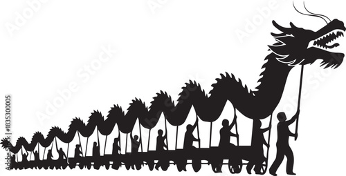 Silhouette of people carrying a long dragon during a festival celebration
