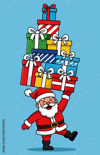Cute Santa Claus Balancing Christmas Gift Boxes Illustration