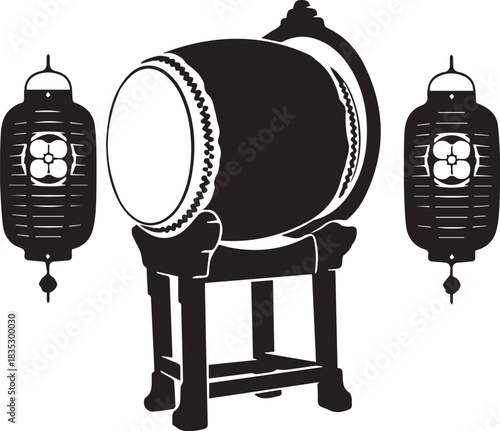 Traditional japanese taiko drum and lanterns illustration