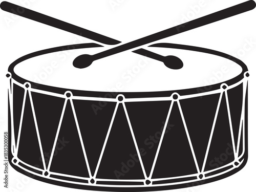 Black and white illustration of a snare drum with crossed drumsticks