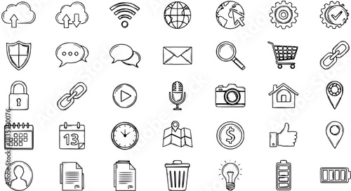 Hand-drawn Black and White Line Art Technology and Web Icons Set. Doodle Collection of Digital User Interface, Mobile App, and Essential Communication Symbols.
