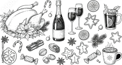 Hand-Drawn Christmas Food and Holiday Treats Illustration Set