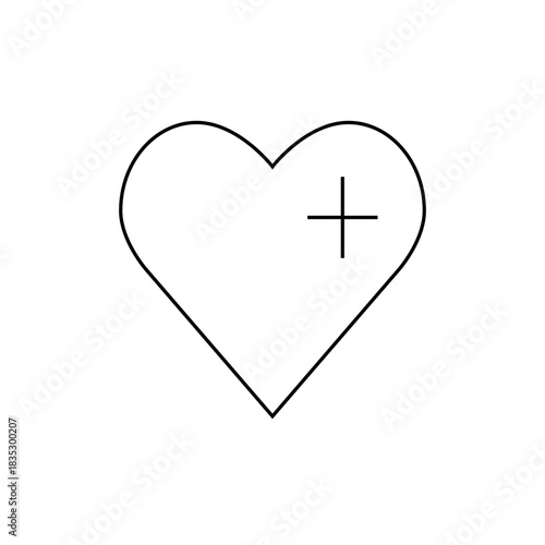 Heart outline with a plus symbol inside, simple black lines on a white background, minimal design element