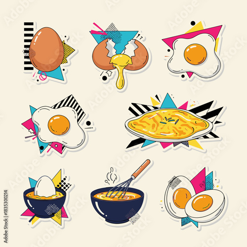A vibrant collection of illustrated eggs showcases various culinary preparations, from whole and cracked to fried, scrambled, and boiled, set against a dynamic retro geometric background.