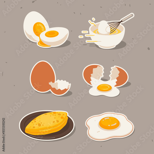 A vibrant collection of illustrated egg preparations, showcasing various culinary forms from perfectly boiled halves to a fluffy omelet and sunny-side-up.