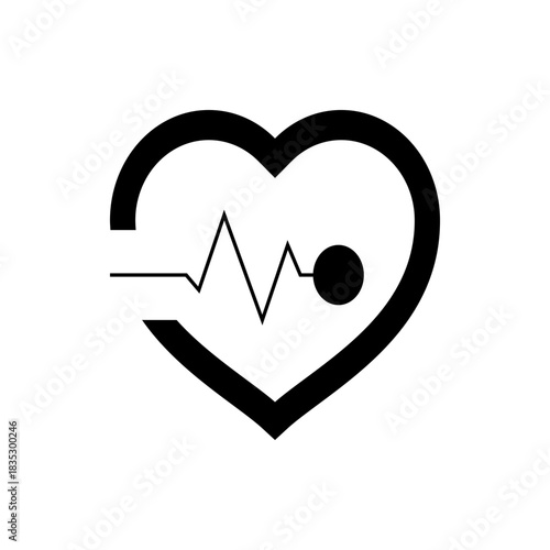 Black heart outline containing a heartbeat line and a circle representing a medical health symbol