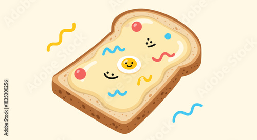 A whimsical and cute illustration of a slice of toast with a butter spread featuring smiley faces and colorful abstract squiggles.
