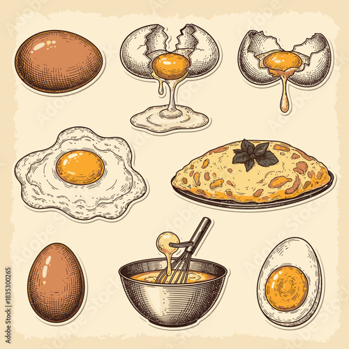 A charming vintage-style illustration displays various egg preparations, including whole, cracked, fried, boiled, and an omelet, ideal for culinary design projects.