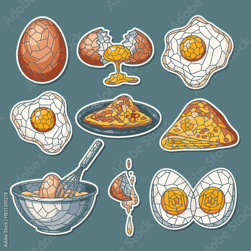 A vibrant collection of mosaic-style egg stickers depicting various culinary stages, from whole and cracked to perfectly fried and scrambled, perfect for food-related designs.