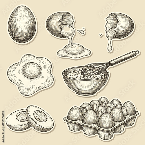 This vintage-style illustration set showcases various egg forms, from whole and cracked to fried and boiled, alongside baking ingredients, perfect for culinary designs.