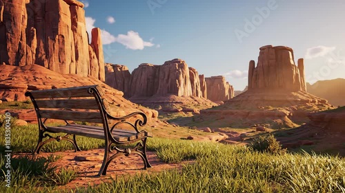 Bench with a View - Serene Desert Landscape at Sunset.