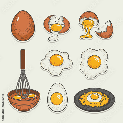 A vibrant collection of hand-drawn egg illustrations depicting various culinary stages, from whole and cracked to perfectly fried and whisked, ready for any recipe.