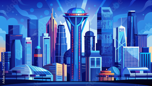 Very beautiful aerial panorama of Dallas highlights bold blue glass towers, balanced city blocks, and a striking skyline glowing with clean lines and modern architectural elegance.