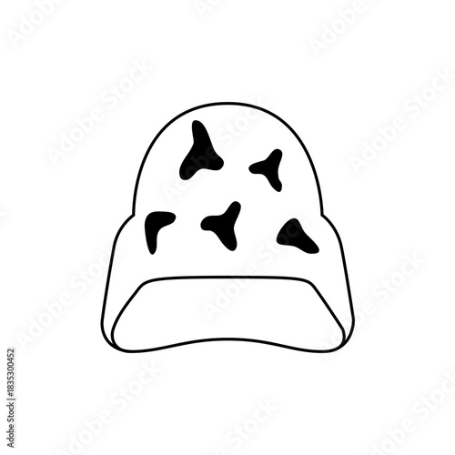 Illustration of a black and white hat with abstract shapes on the crown and a simple brim design