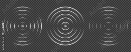 Sound wave ripple with circular wifi signal and radar sonar effect for technology. White concentric neon ultrasonic pulse in radial vibration motion for tech background. Abstract transparent alert