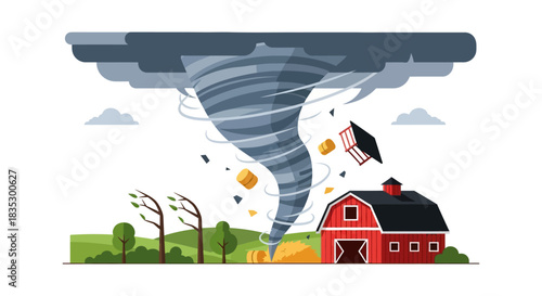 Whimsical depiction of a destructive tornado near a barn and trees in vibrant colors