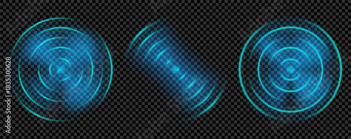 Wifi wave light effect with radar sound signal. Blue sonar range graphic for tech background. 3d neon ripple with glow and radial echo for technology. Circular abstract hud transparent overlay